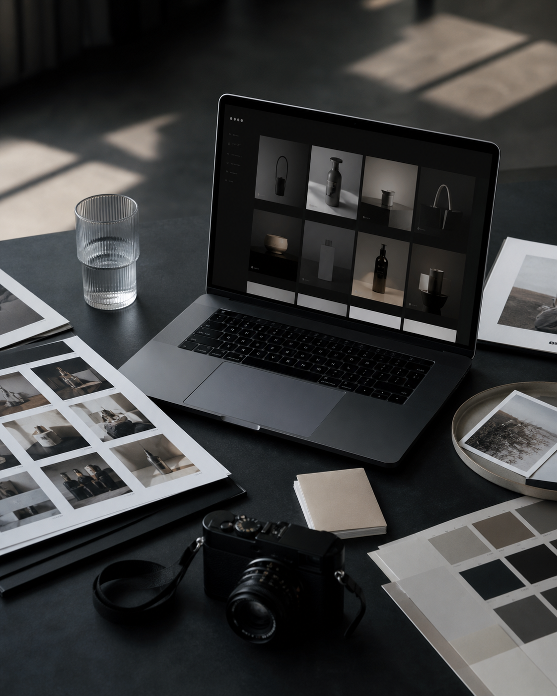 A laptop with a dark product grid surrounded by contact sheets and a camera