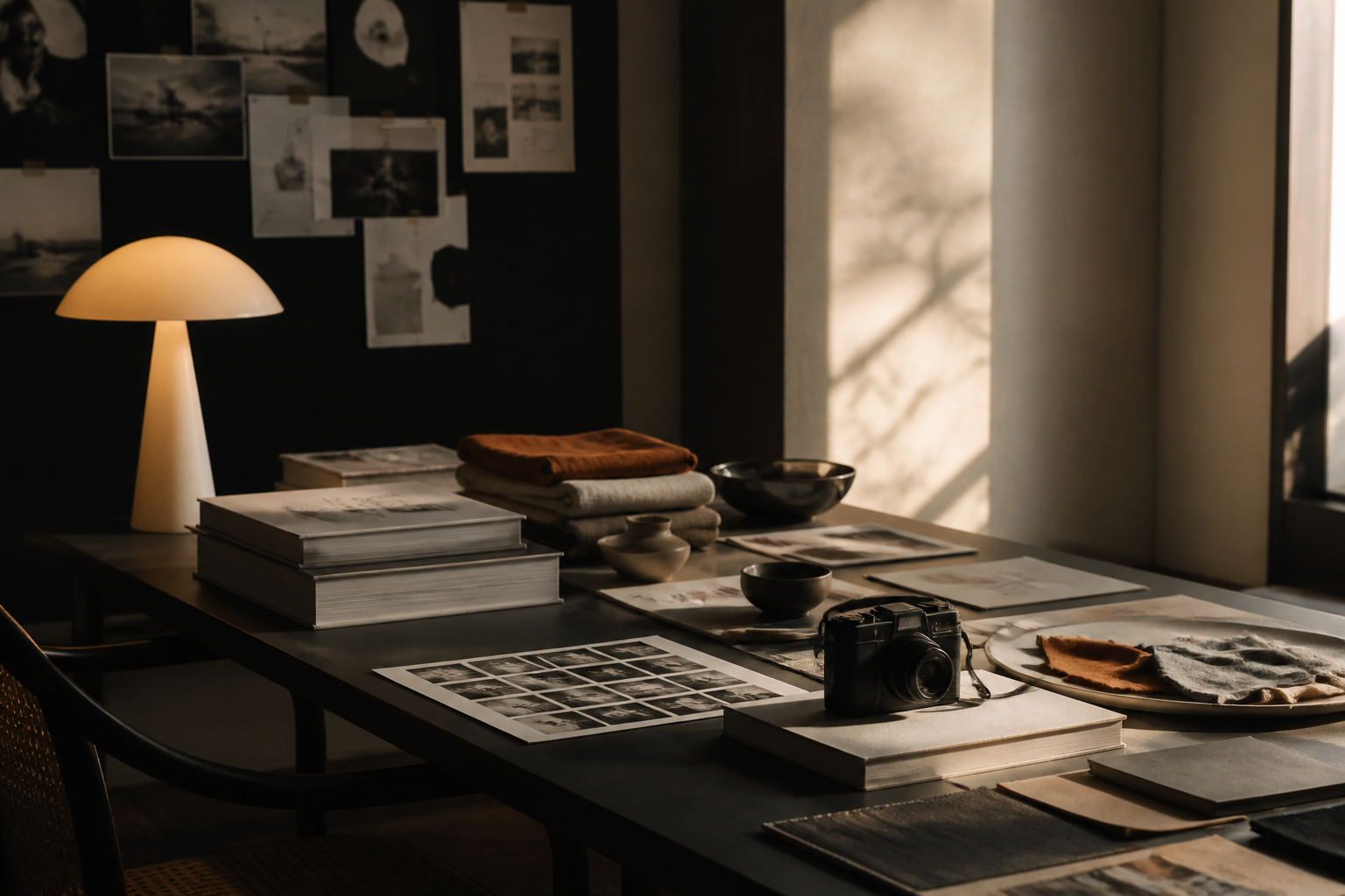 A creative studio workspace with contact sheets, fabric, books, and a camera