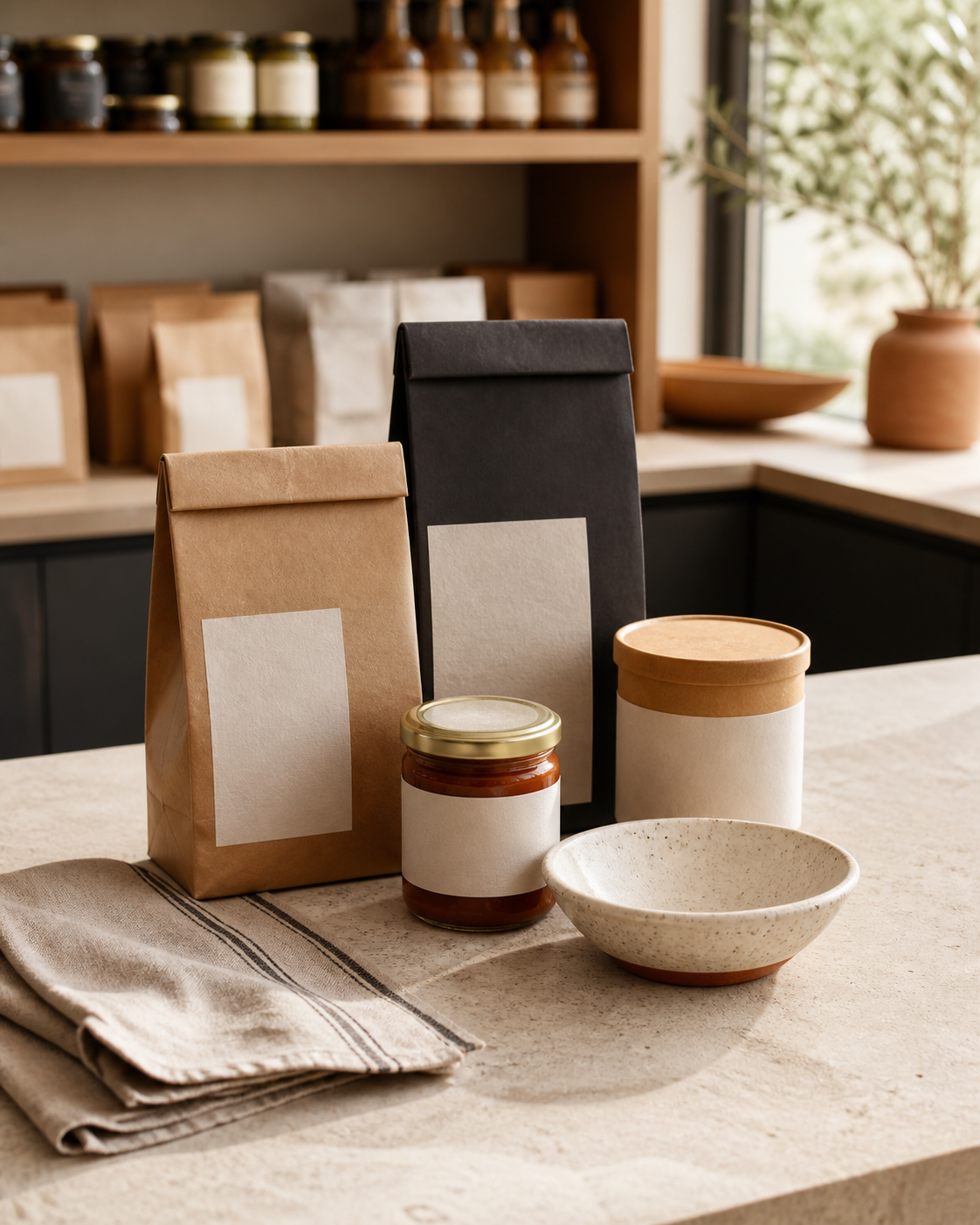 Art-directed product and packaging photography on a warm stone counter