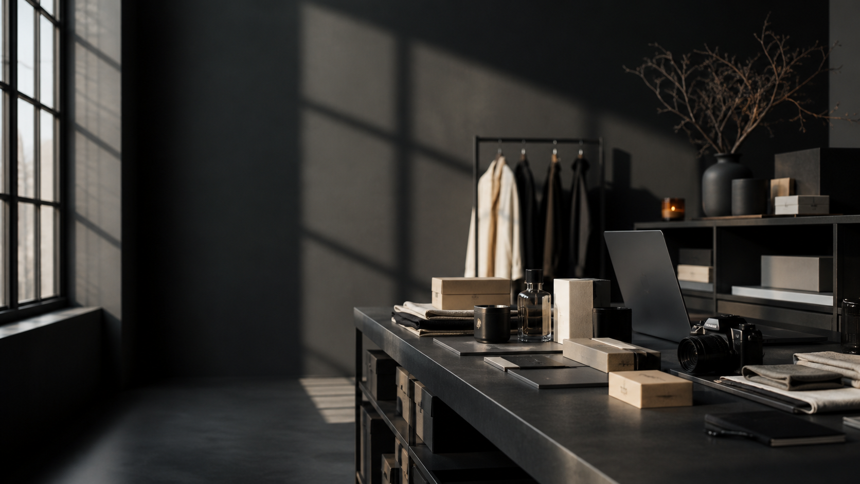 A dark creative studio with products, packaging, camera gear, and a laptop arranged on a worktable